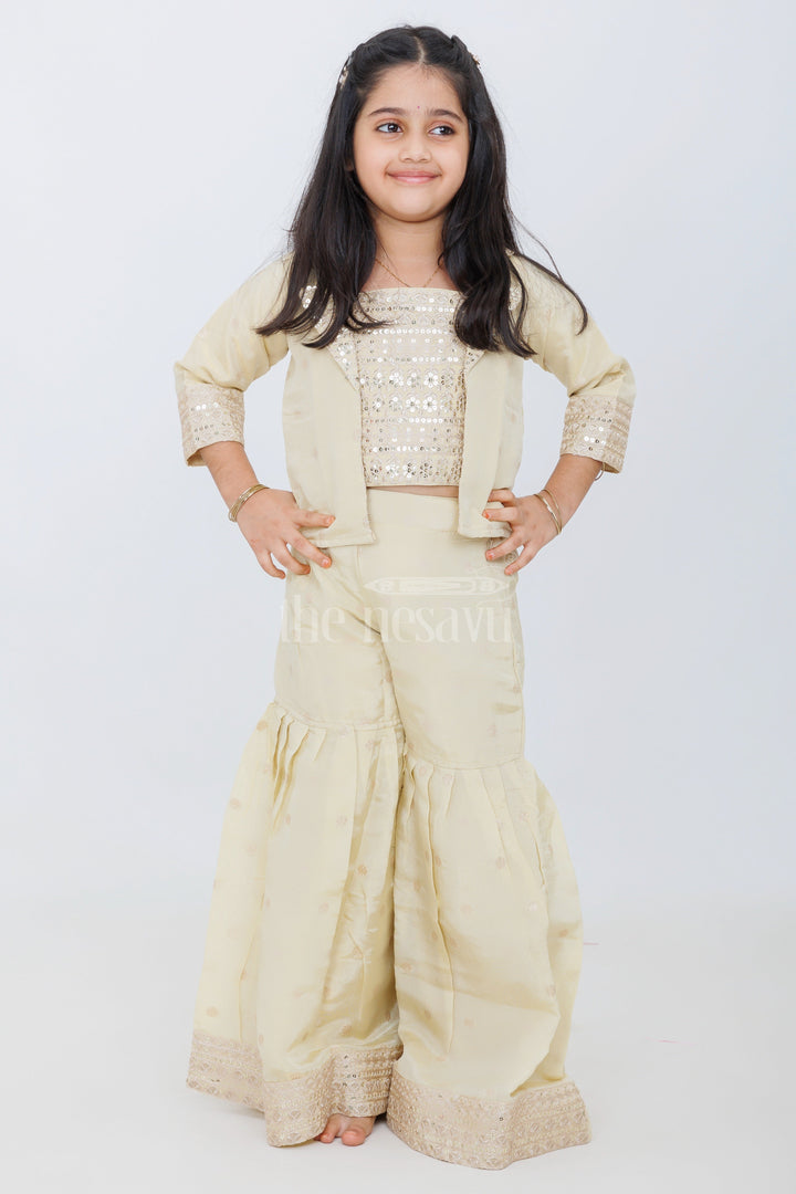 The Nesavu Girls Sharara / Plazo Set Gold Pure Tissue Sharara with Embroidered Jacket and 3/4 Sleeves for Girls Wedding Wear Nesavu 24 (5Y) / Gold GPS447A-24 Nesavu Gold Girls Sharara Set Embroidered Blouse Jacket Wide-Legged Pants Wedding Wear