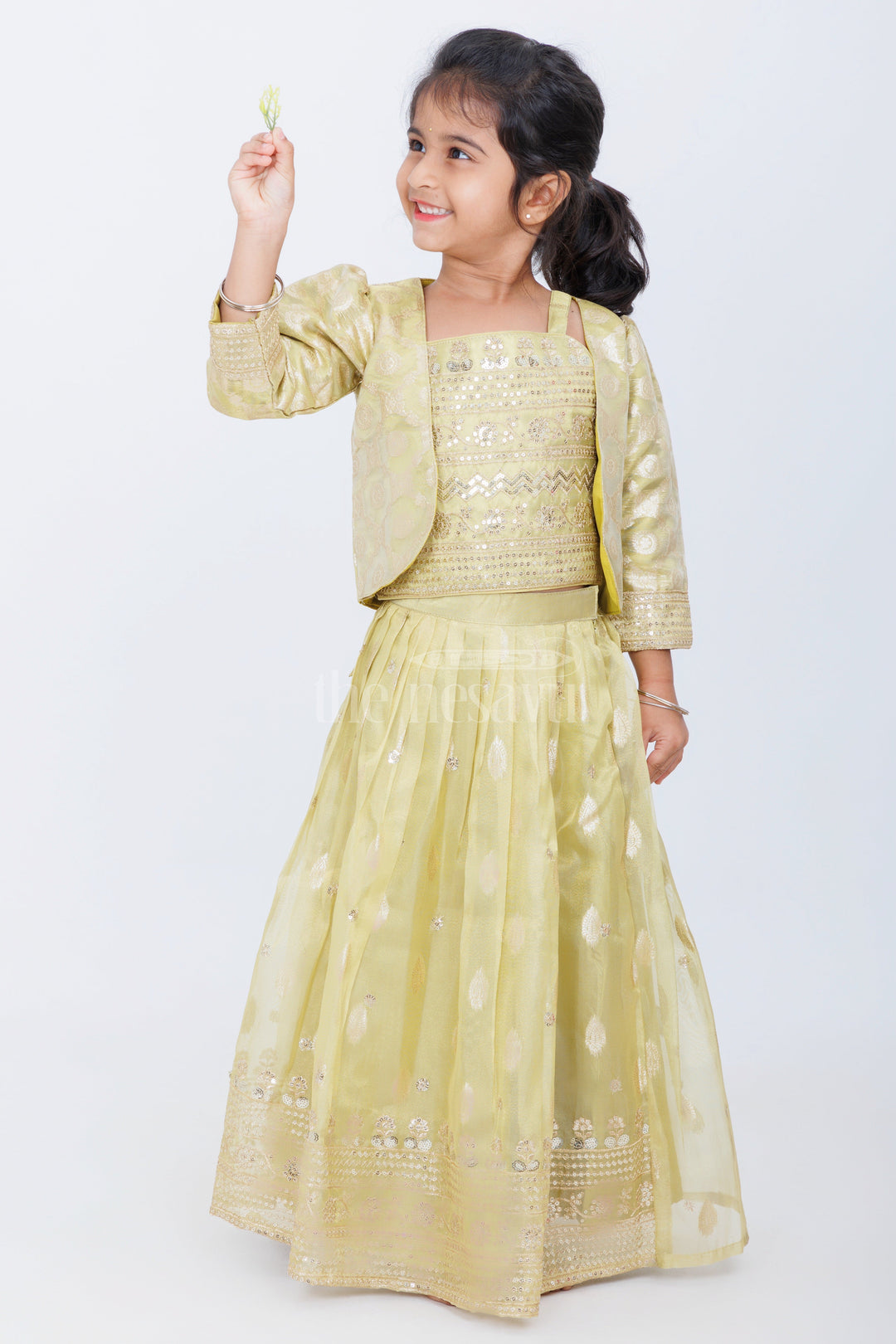 The Nesavu Girls Lehenga Choli Gold Tissue Embroidered Lehenga Choli for Girls with Matching Jacket and Embellished Blouse Nesavu 16 (1Y) / Gold GL517A-16 Nesavu Girls Gold Embroidered Lehenga Choli Matching Jacket Weddings Festive Wear