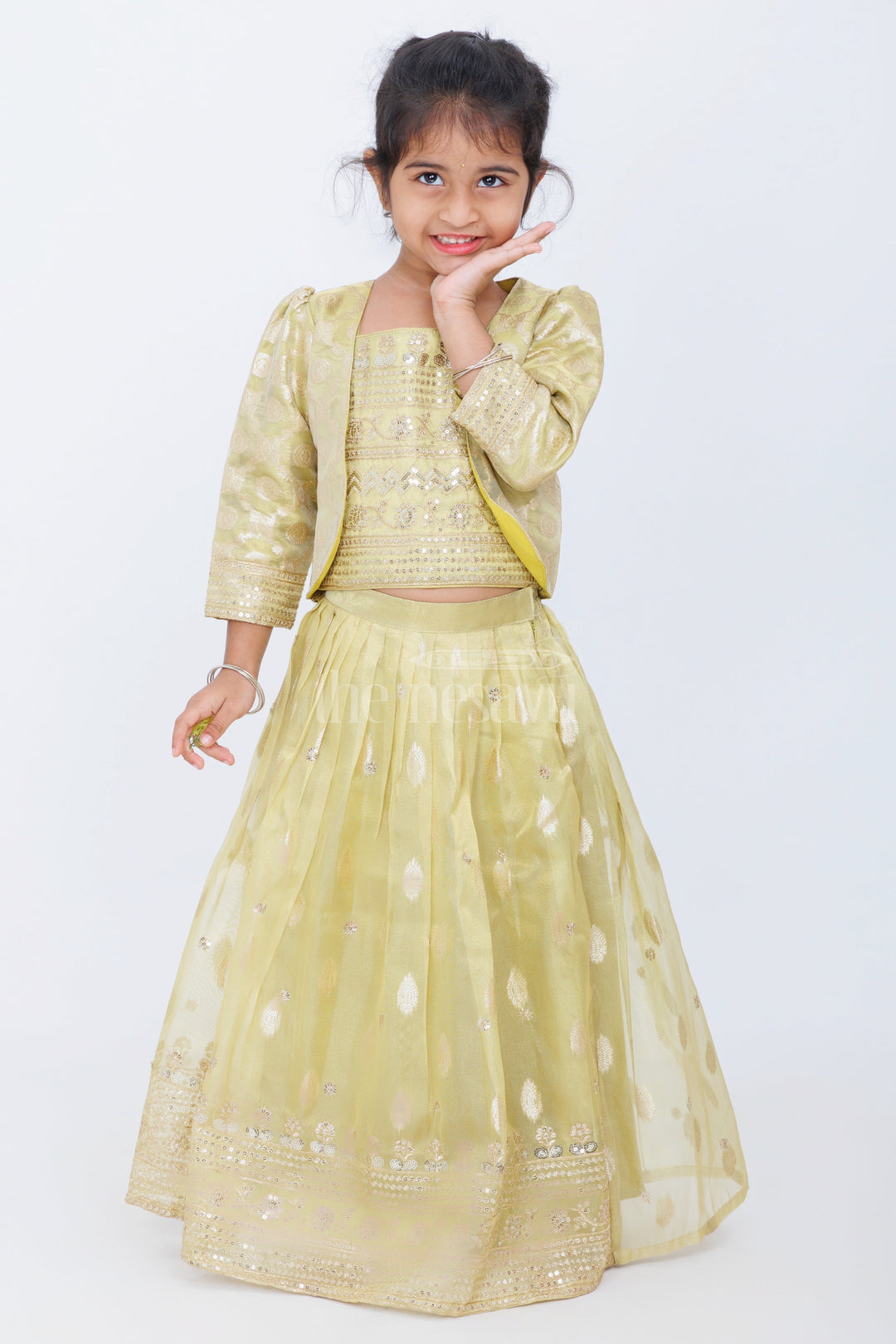 The Nesavu Girls Lehenga Choli Gold Tissue Embroidered Lehenga Choli for Girls with Matching Jacket and Embellished Blouse Nesavu Nesavu Girls Gold Embroidered Lehenga Choli Matching Jacket Weddings Festive Wear