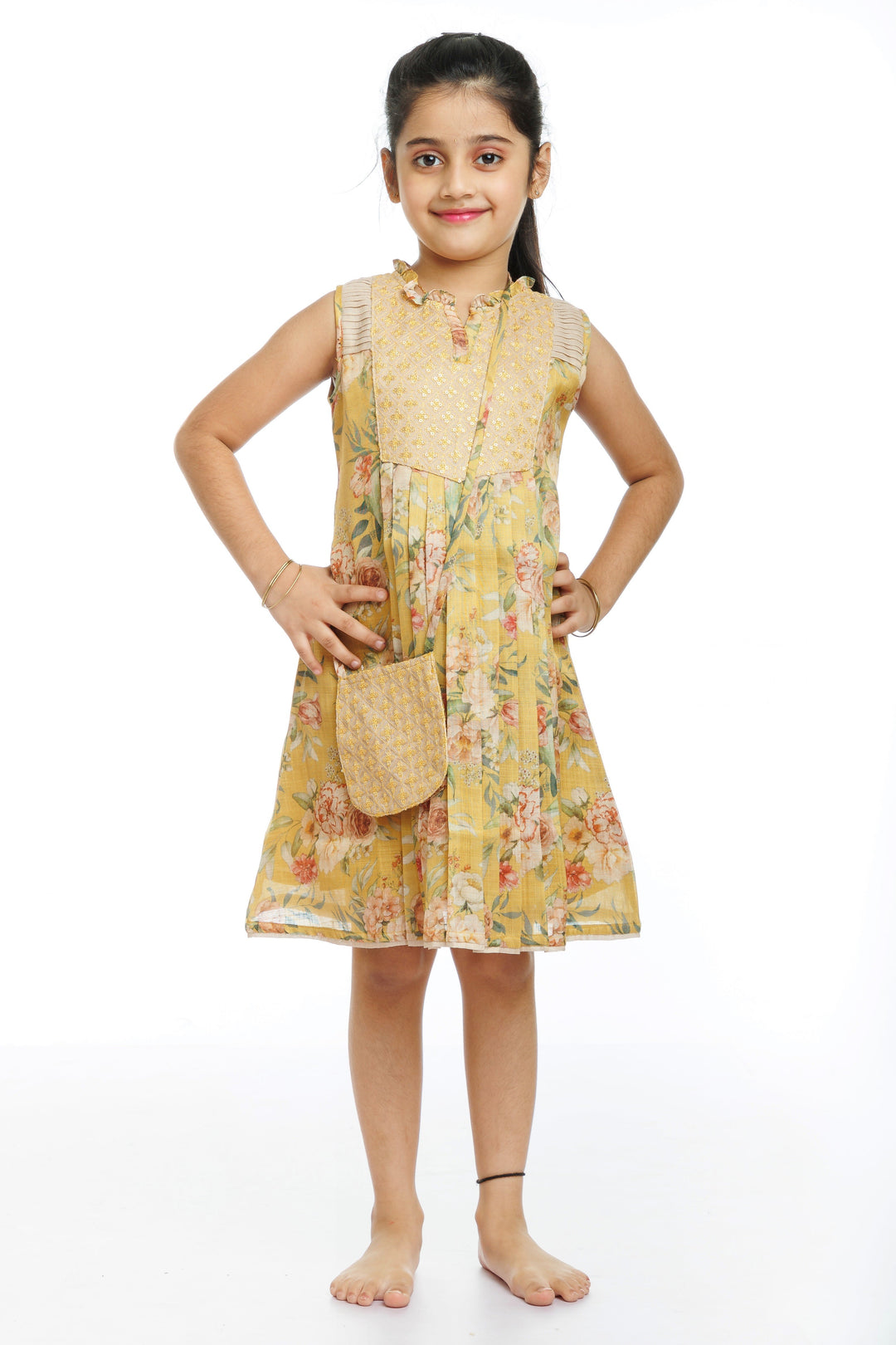 The Nesavu Girls Cotton Frock Golden Blossom: Girl's Playful Printed Cotton Frock Nesavu 22 (4Y) / Yellow / Cotton GFC1299B-22 Get the Latest in Childrens Fashion with Our Designer Cotton Frocks | The Nesavu