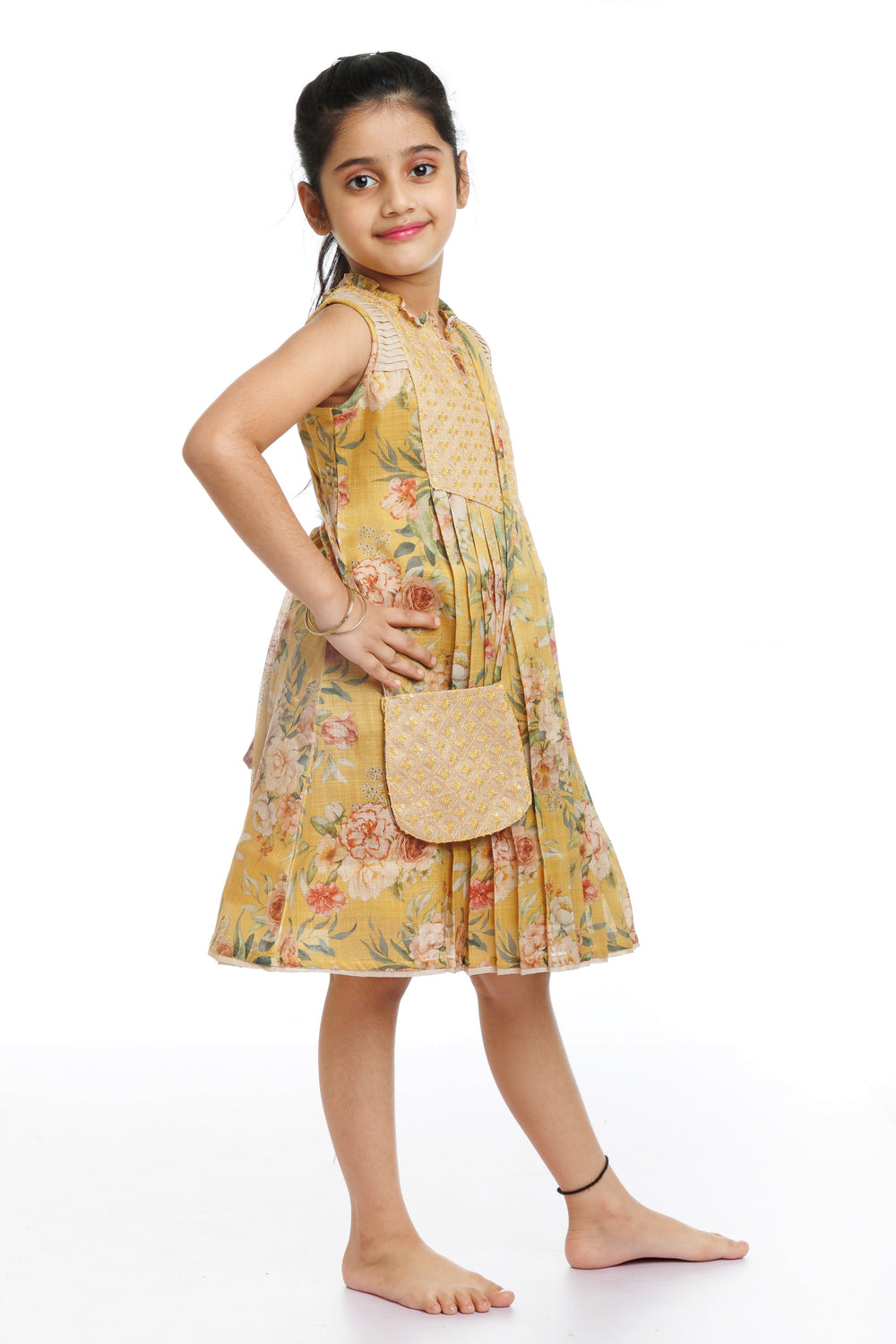 The Nesavu Girls Cotton Frock Golden Blossom: Girl's Playful Printed Cotton Frock Nesavu Get the Latest in Childrens Fashion with Our Designer Cotton Frocks | The Nesavu
