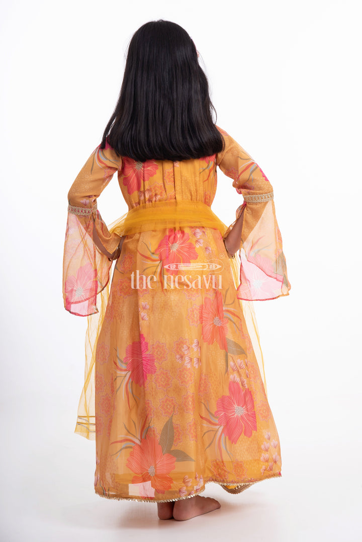 The Nesavu Girls Party Gown Golden Floral Printed Organza Party Gown for Girls Nesavu Golden Floral Printed Organza Party Gown for Girls - Elegant & Festive | The Nesavu