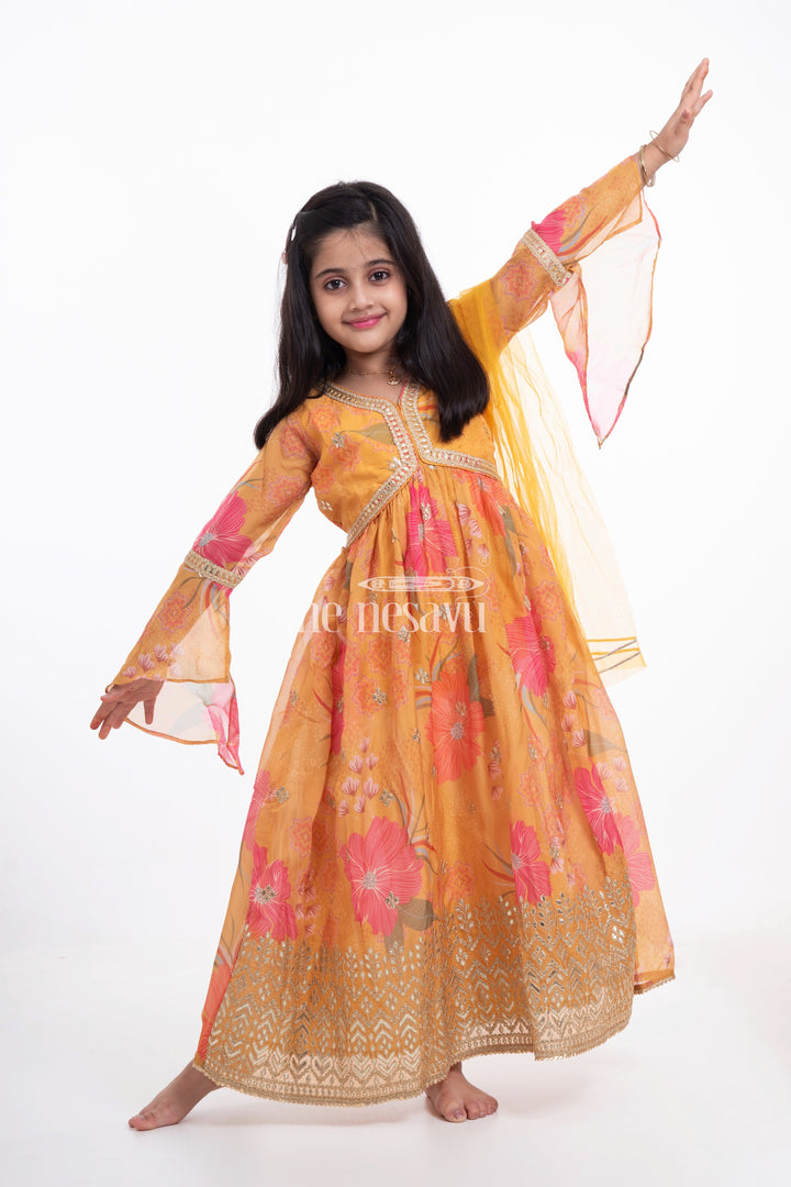 The Nesavu Girls Party Gown Golden Floral Printed Organza Party Gown for Girls Nesavu Golden Floral Printed Organza Party Gown for Girls - Elegant & Festive | The Nesavu