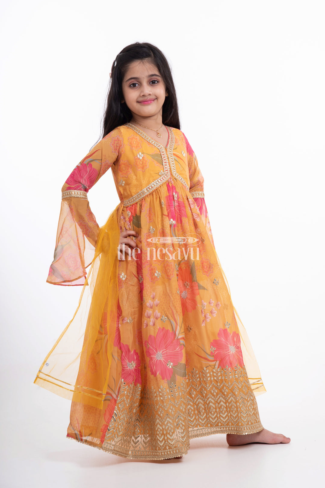 The Nesavu Girls Party Gown Golden Floral Printed Organza Party Gown for Girls Nesavu Golden Floral Printed Organza Party Gown for Girls - Elegant & Festive | The Nesavu