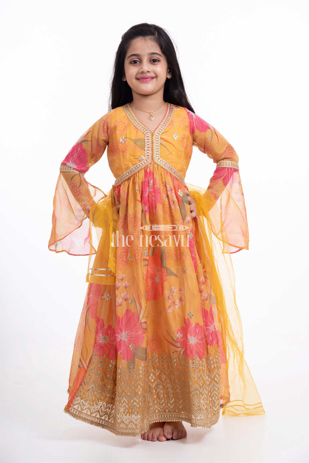 The Nesavu Girls Party Gown Golden Floral Printed Organza Party Gown for Girls Nesavu Golden Floral Printed Organza Party Gown for Girls - Elegant & Festive | The Nesavu