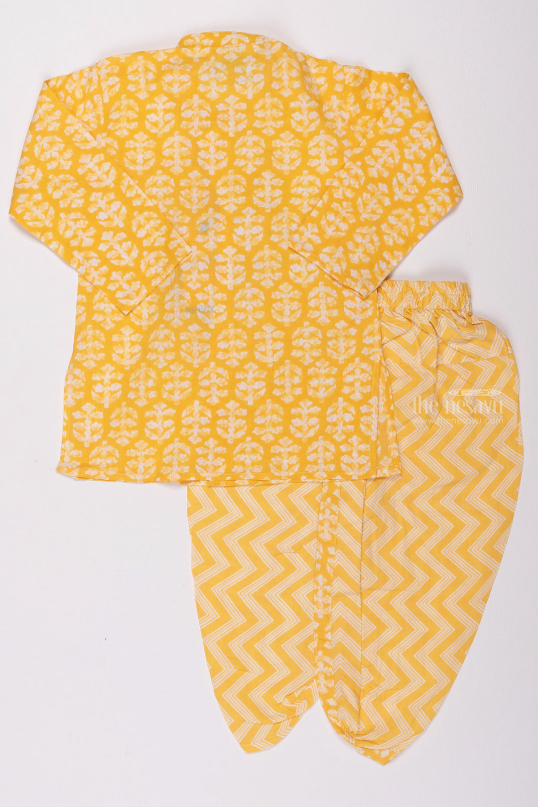 The Nesavu Boys Dothi Set Golden Glee: Bright Yellow Bagh Kurta & Zig-Zag Rhythms Dhoti Pairing for Little Boys Nesavu Elegant Boys Kurta with Dhoti Set | Kids Traditional Wear Set | The Nesavu