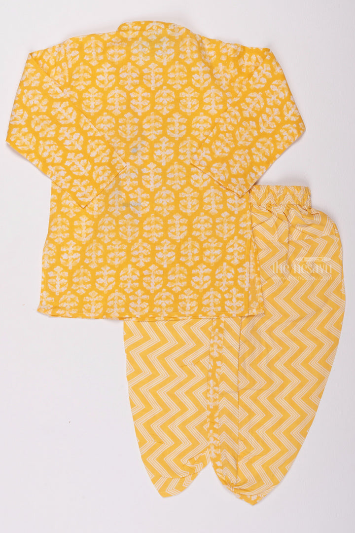 The Nesavu Boys Dothi Set Golden Glee: Bright Yellow Bagh Kurta & Zig-Zag Rhythms Dhoti Pairing for Little Boys Nesavu Elegant Boys Kurta with Dhoti Set | Kids Traditional Wear Set | The Nesavu