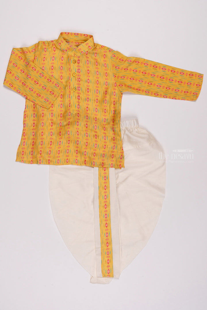 The Nesavu Boys Dothi Set Golden Glory: Mesmerizing Ikat Print Yellow Kurta with Traditional White Dhoti for Boys Nesavu 12 (3M) / Yellow / Muslin Silk BES391A-12 Designer Boys Ethnic Outfits | Latest Kurta with Dhoti Set | The Nesavu