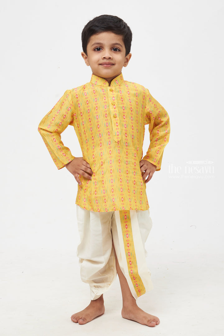 The Nesavu Boys Dothi Set Golden Glory: Mesmerizing Ikat Print Yellow Kurta with Traditional White Dhoti for Boys Nesavu 12 (3M) / Yellow / Muslin Silk BES391A-12 Designer Boys Ethnic Outfits | Latest Kurta with Dhoti Set | The Nesavu