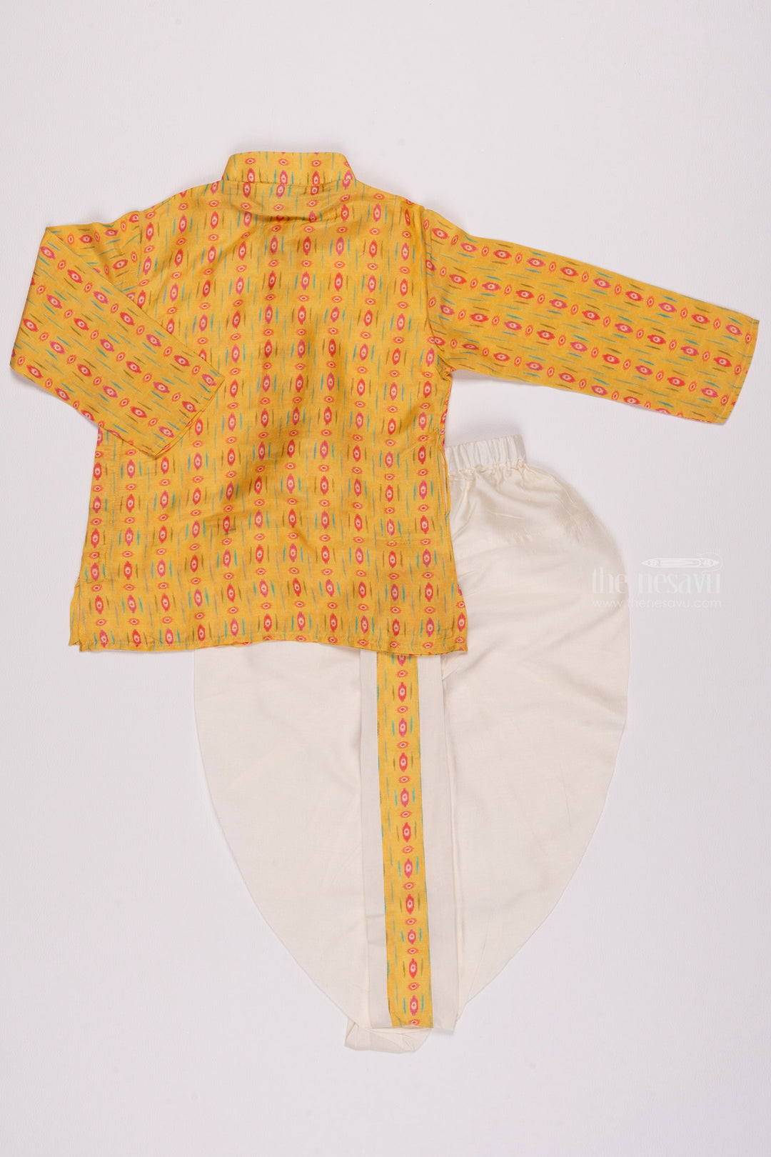 The Nesavu Boys Dothi Set Golden Glory: Mesmerizing Ikat Print Yellow Kurta with Traditional White Dhoti for Boys Nesavu Designer Boys Ethnic Outfits | Latest Kurta with Dhoti Set | The Nesavu