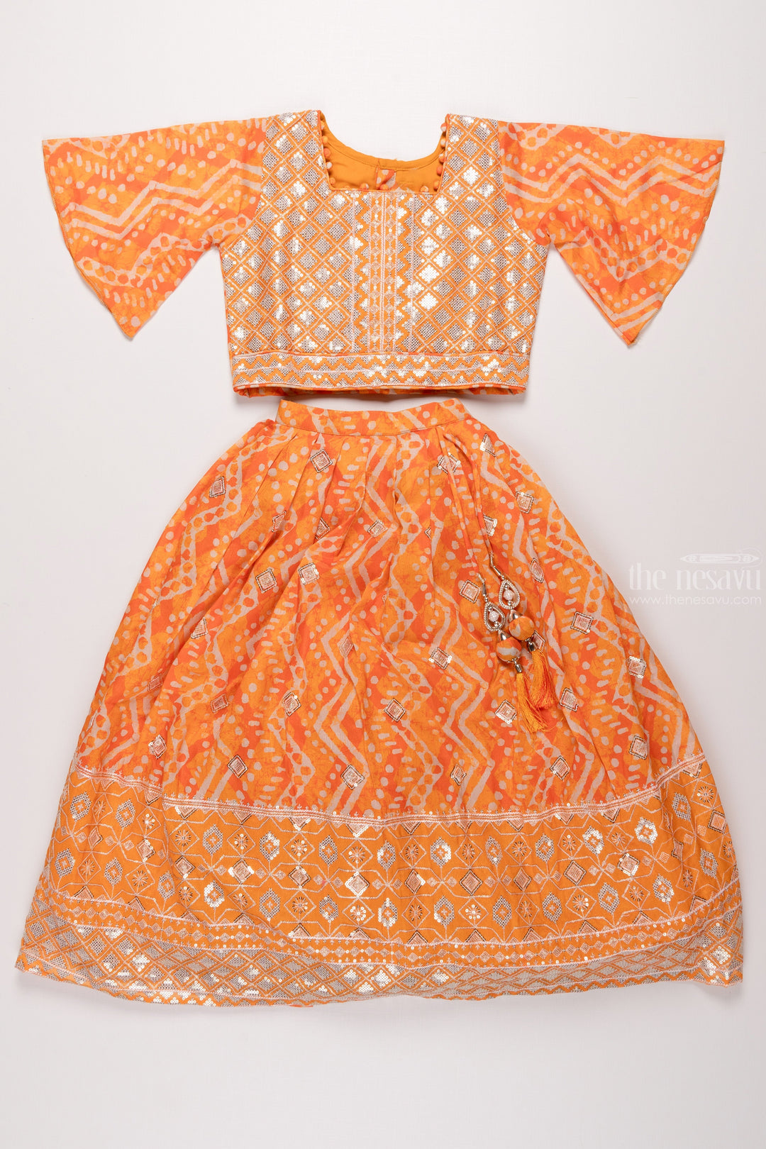 The Nesavu Girls Lehenga Choli Golden Radiance: Exquisite Patterned Orange Lehenga Choli for Girls Nesavu 24 (5Y) / Orange / Chinnon GL386A-24 Diwali Princess | Traditional Lehenga Choli Sets for Girls | The Nesavu