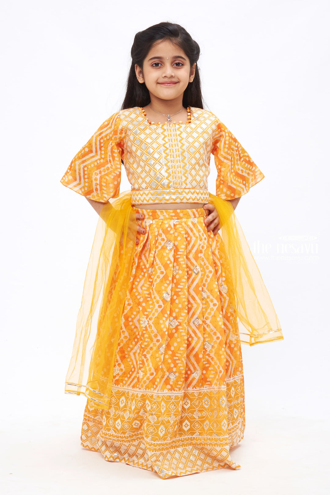 The Nesavu Girls Lehenga Choli Golden Radiance: Exquisite Patterned Orange Lehenga Choli for Girls Nesavu 24 (5Y) / Orange / Chinnon GL386A-24 Diwali Princess | Traditional Lehenga Choli Sets for Girls | The Nesavu