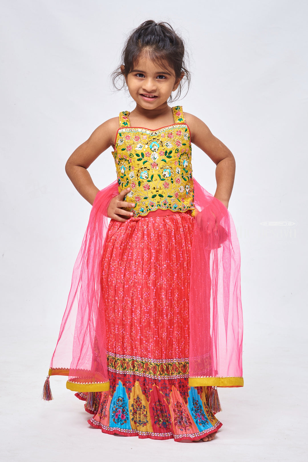 The Nesavu Girls Lehenga Choli Golden Radiance: Resham Embroidered Top with Bandhani Printed Pink Lehenga Ensemble for Girls Nesavu 16 (1Y) / Pink / Chinnon GL367A-16 Elegant Embroidered Girls Lehenga | Premium Lehenga Choli | The Nesavu