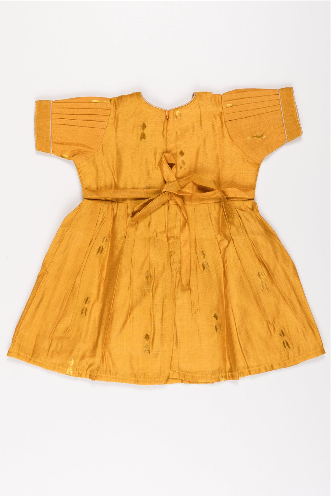 The Nesavu Girls Cotton Frock Golden Sunshine Puff Sleeve Dress: Girls' Mustard Yellow Frock with Shimmer Accents Nesavu Vibrant Mustard Yellow Girls Dress with Puff Sleeves | Shimmering Party Frock | The Nesavu