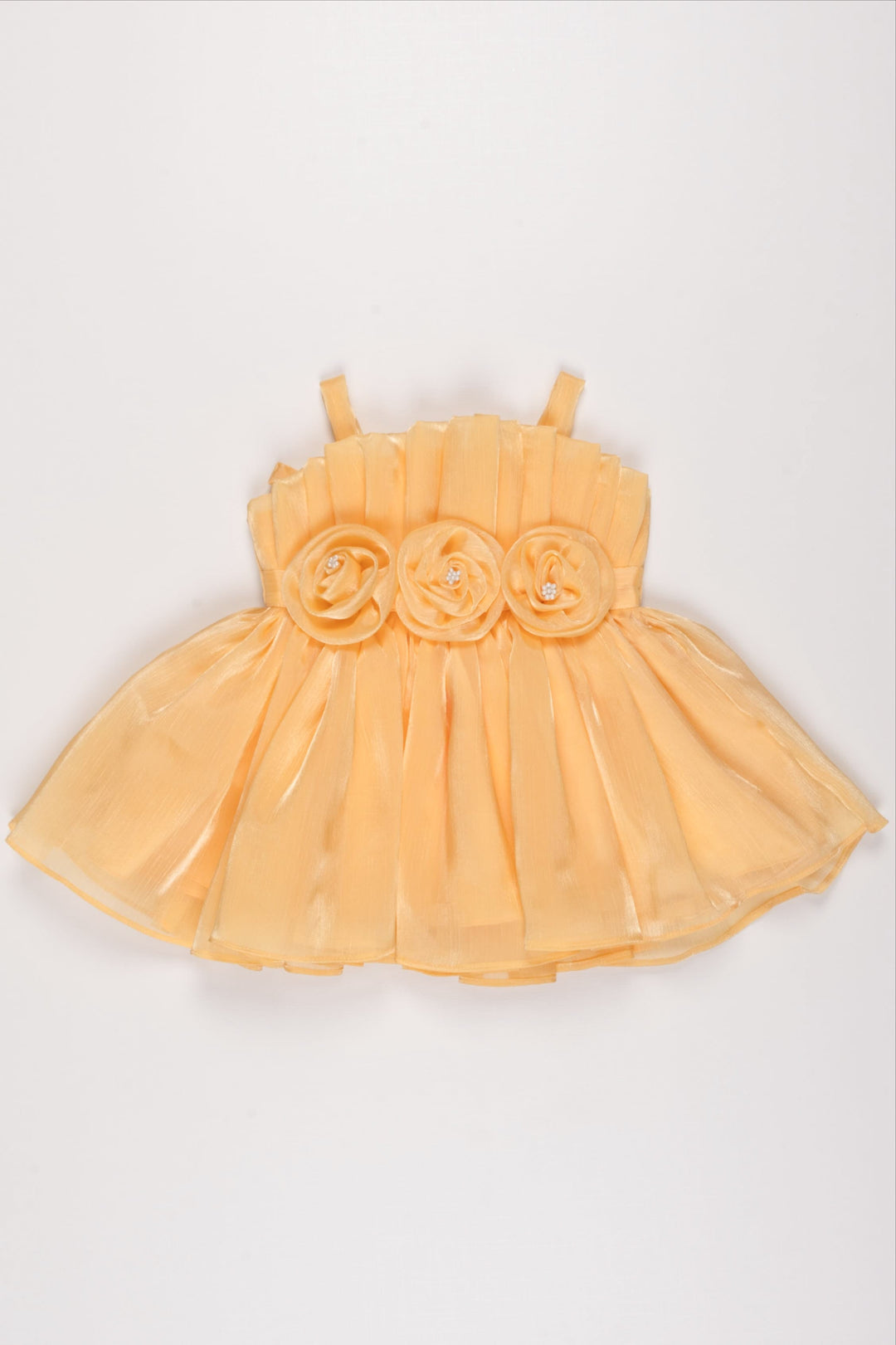 The Nesavu Girls Fancy Party Frock Golden Sunshine Yellow Organza Party Frock with Rose Embellishments for Girls Nesavu 12 (3M) / Yellow / Organza PF173B-12 Girls Yellow Organza Dress | Festive Rose Embellished Party Frock | The Nesavu