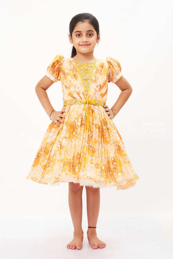 The Nesavu Silk Party Frock Golden Sunshine Yellow Silk Party Frock Nesavu 18 (2Y) / Yellow / Georgette SF746B-18 Yellow Sequin Silk Frock for Girls | Sparkling Party Wear Dress | The Nesavu