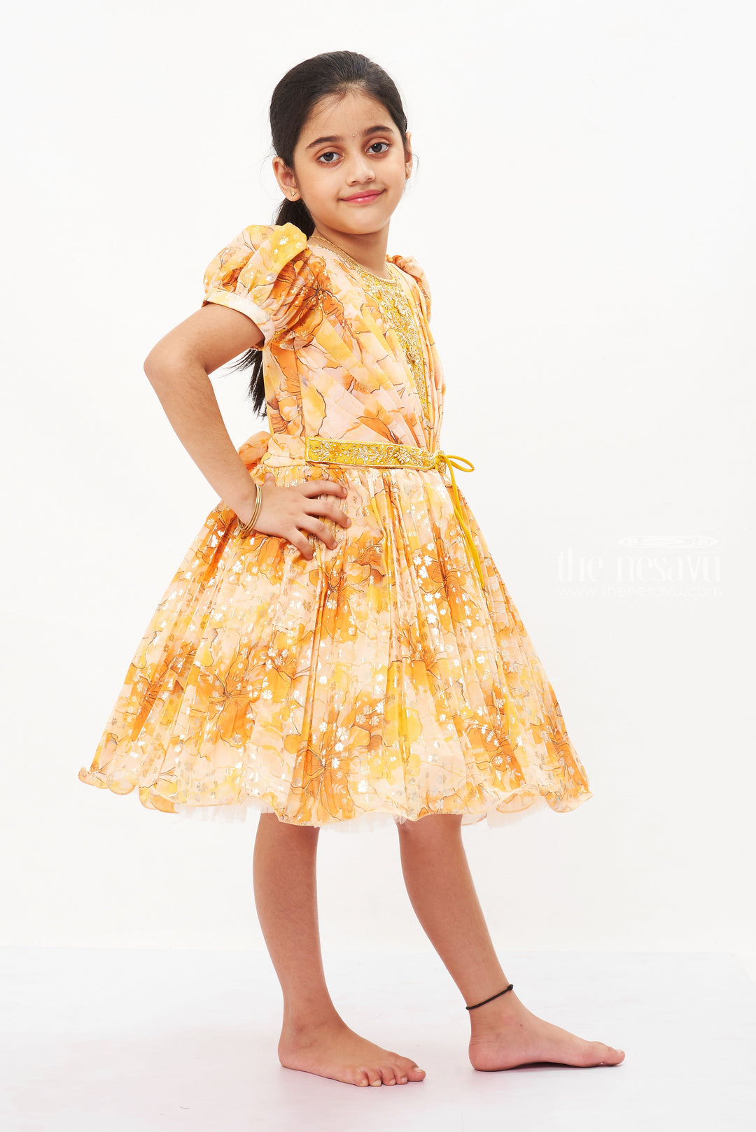 The Nesavu Silk Party Frock Golden Sunshine Yellow Silk Party Frock Nesavu Yellow Sequin Silk Frock for Girls | Sparkling Party Wear Dress | The Nesavu