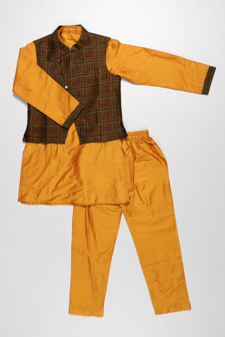 The Nesavu Boys Jacket Sets Golden Yellow Kurta with Brocade Overcoat and Pants Set for Kids Nesavu 14 (6M) / Yellow / Blend Silk BES474A-14 Yellow Kurta with Brocade Overcoat and Pants Set for Kids | Regal Traditional Wear | The Nesavu