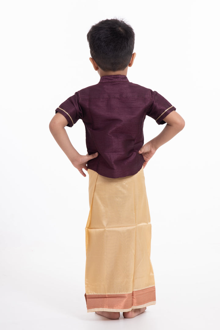 The Nesavu Boys Vesti Golden Yellow Silk Blend Boys Dhoti with Traditional Borders Nesavu Buy Boys Golden Yellow Silk Dhoti | The Nesavu