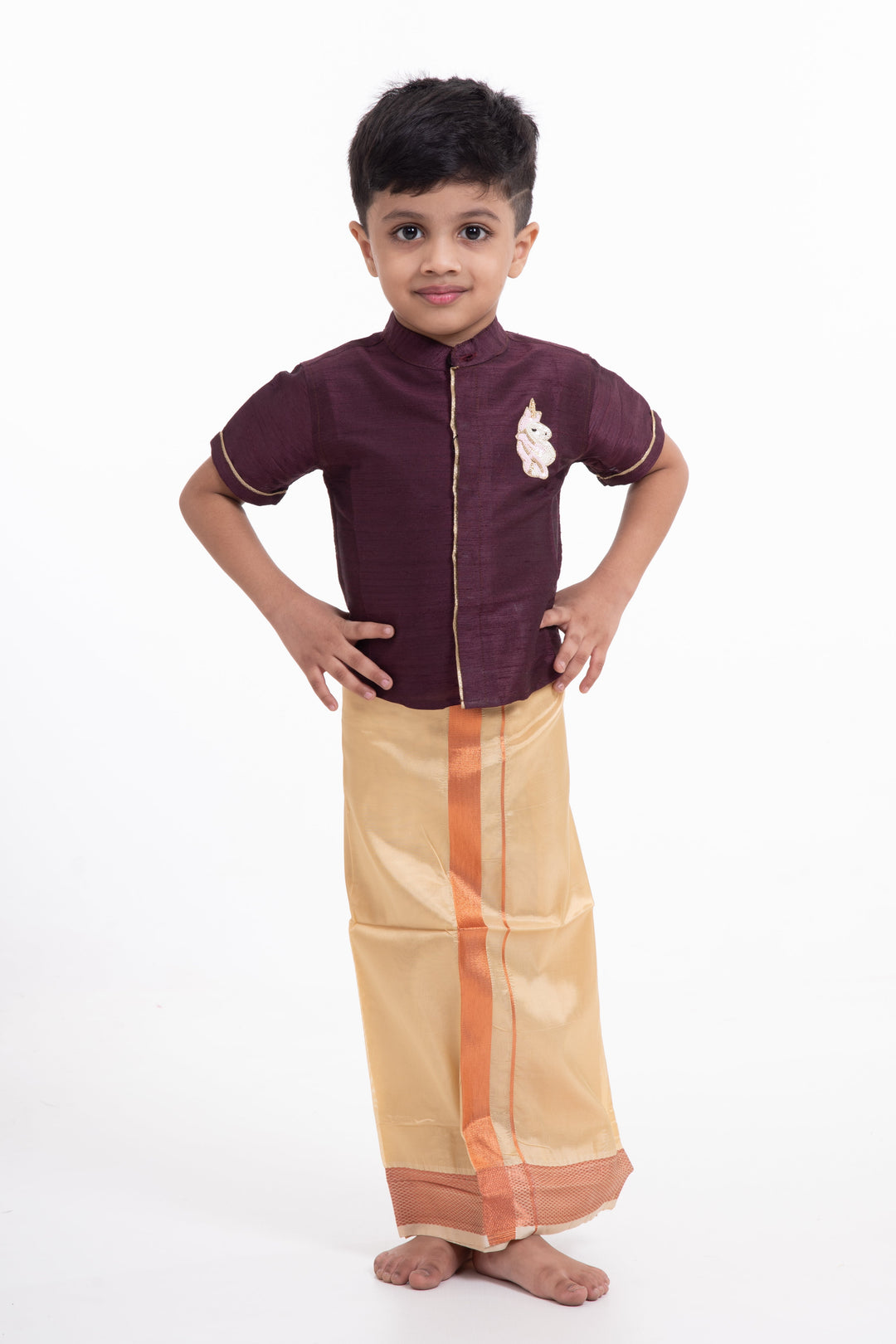 The Nesavu Boys Vesti Golden Yellow Silk Blend Boys Dhoti with Traditional Borders Nesavu Buy Boys Golden Yellow Silk Dhoti | The Nesavu