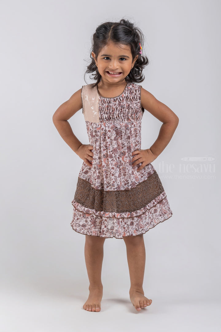 The Nesavu Baby Cotton Frocks Gorgeous Beige Paisley Floral Printed Pleated Sleeveless Cotton Frock For Girls psr silks Nesavu 14 (6M) / Brown / Cotton BFJ402B