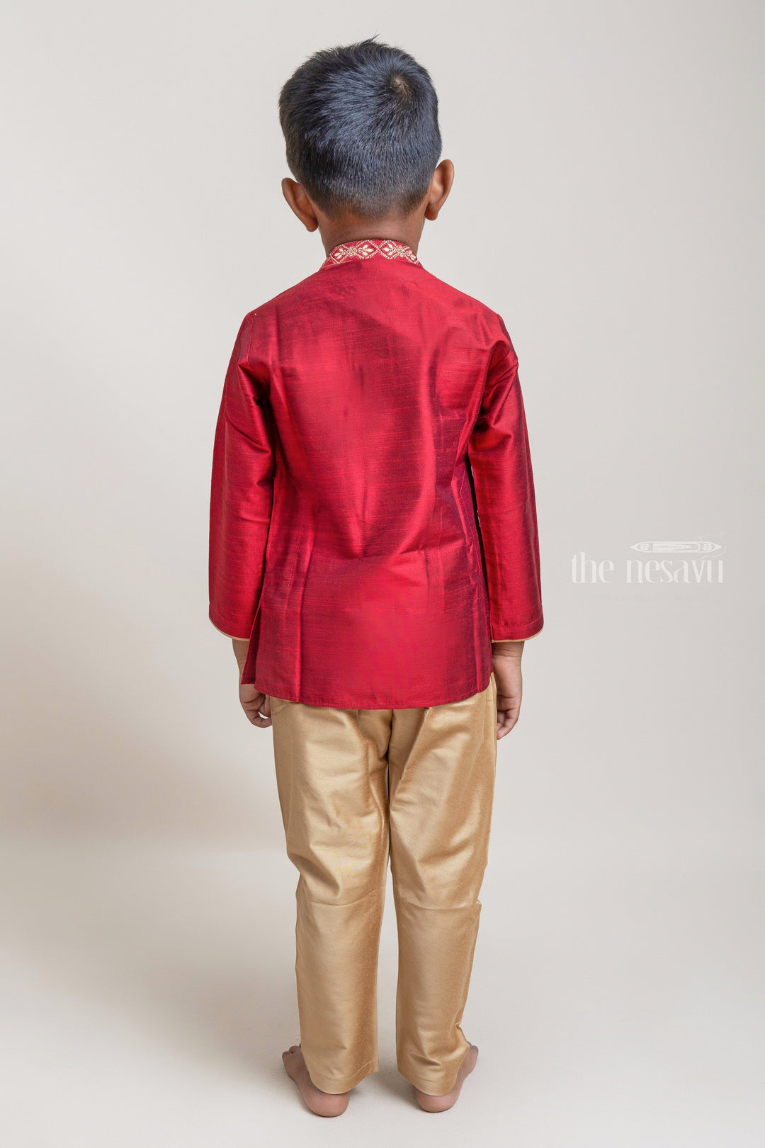 The Nesavu Boys Kurtha Set Gorgeous Cherry Red Floral Embroidered Neck Kurta With Contrast Beige Pant For Boys Nesavu Ethnic Wear For Boys | Red Kurta Set For Boys | The Nesavu