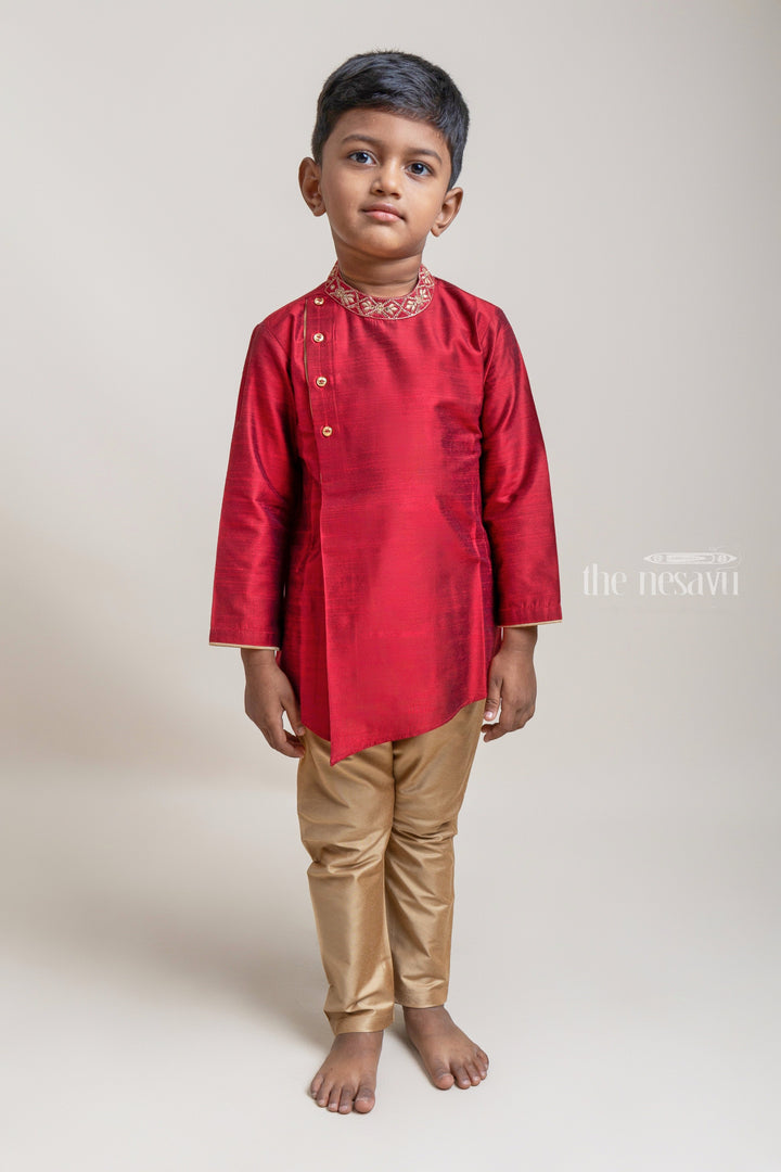 The Nesavu Boys Kurtha Set Gorgeous Cherry Red Floral Embroidered Neck Kurta With Contrast Beige Pant For Boys Nesavu Ethnic Wear For Boys | Red Kurta Set For Boys | The Nesavu