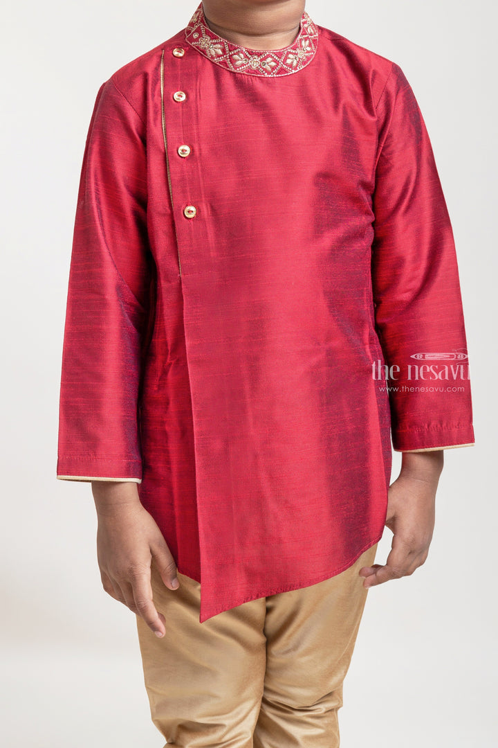 The Nesavu Boys Kurtha Set Gorgeous Cherry Red Floral Embroidered Neck Kurta With Contrast Beige Pant For Boys Nesavu Ethnic Wear For Boys | Red Kurta Set For Boys | The Nesavu