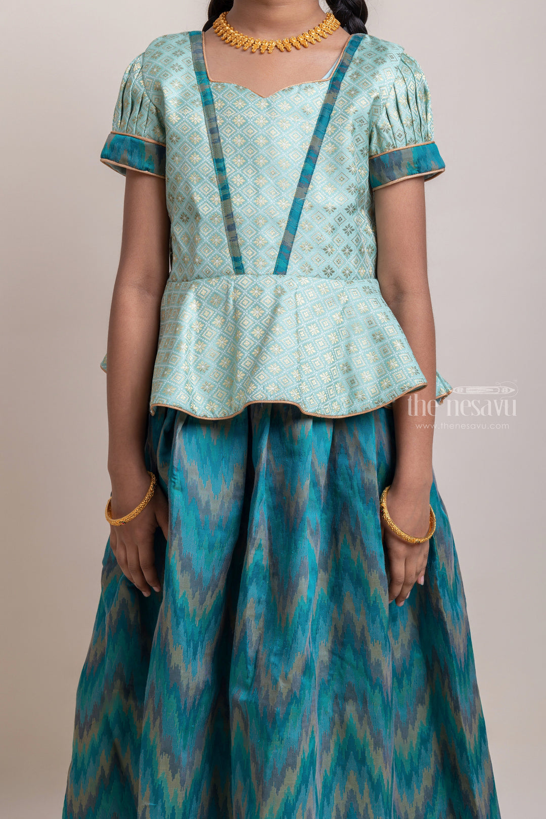 The Nesavu Pattu Pavadai Gorgeous Green Floral Designed Silk Blouse With Ziz-Zag Printed Pattu Pavadai For Girls Nesavu Traditional Wear For Girls | Latest Pattu Pavadai | The Nesavu