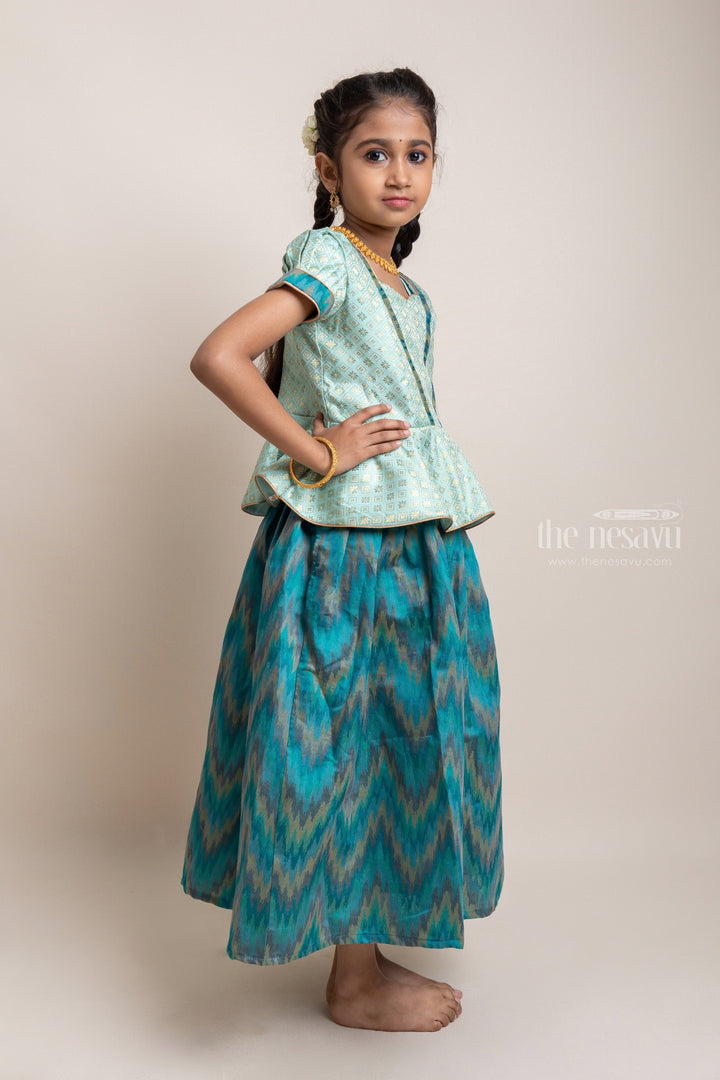 The Nesavu Pattu Pavadai Gorgeous Green Floral Designed Silk Blouse With Ziz-Zag Printed Pattu Pavadai For Girls Nesavu Traditional Wear For Girls | Latest Pattu Pavadai | The Nesavu