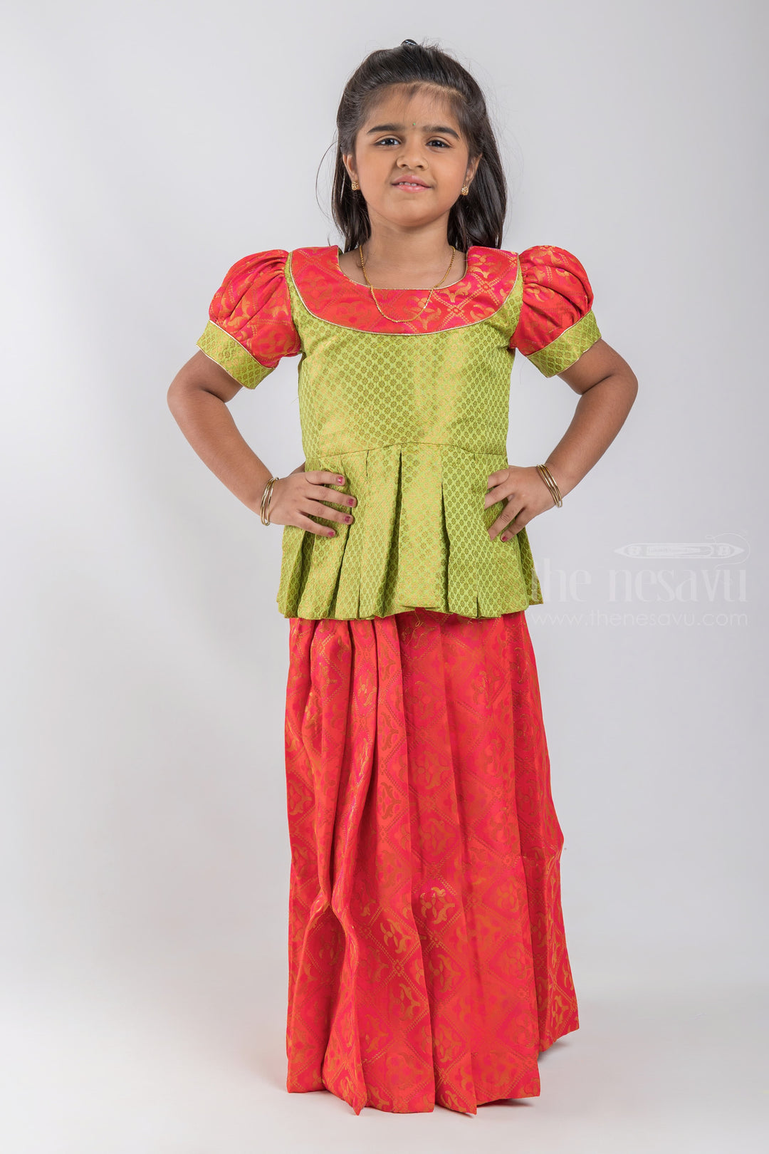 The Nesavu Pattu Pavadai Gorgeous Green Floral Designer Pleated Blouse And Red Pleated Silk Skirt For Girls psr silks Nesavu 16 (1Y) / Orange / Jacquard GPP256