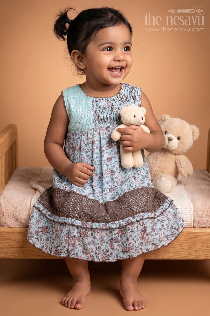 The Nesavu Baby Cotton Frocks Gorgeous Green Paisley Floral Printed Pleated Sleeveless Cotton Frock for Girls Nesavu 14 (6M) / Brown / Cotton BFJ402A-14 Green Paisley Cotton Frock for Girls