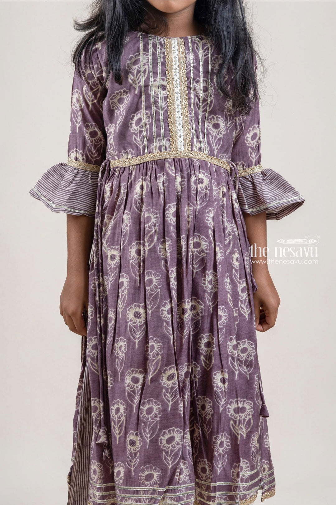 The Nesavu Girls Sharara / Plazo Set Gorgeous Maroon Floral Printed Kurti With Striped Palazzo Suit For Girls Nesavu Latest designer Palazzo Suit | Kurti Palazzo Suit For Girls | The Nesavu