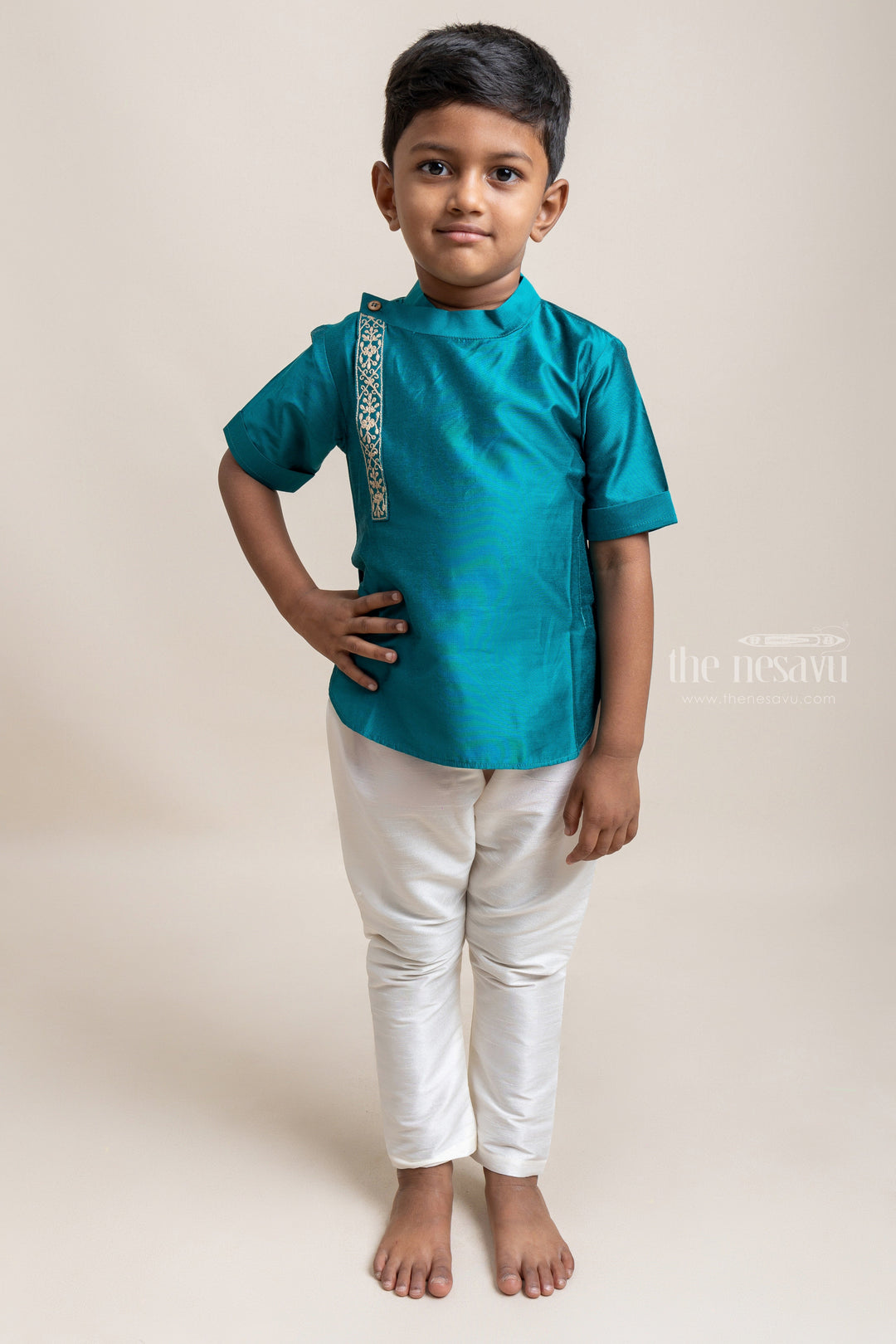 The Nesavu Boys Silk Shirt Gorgeous Peacock Blue Soft Cotton Shirt For Little Boys Nesavu 12 (3M) / Blue / Silk Blend BS016C-12 Ethnic Cotton Shirts For Boys | Premium Boys Wear | The Nesavu