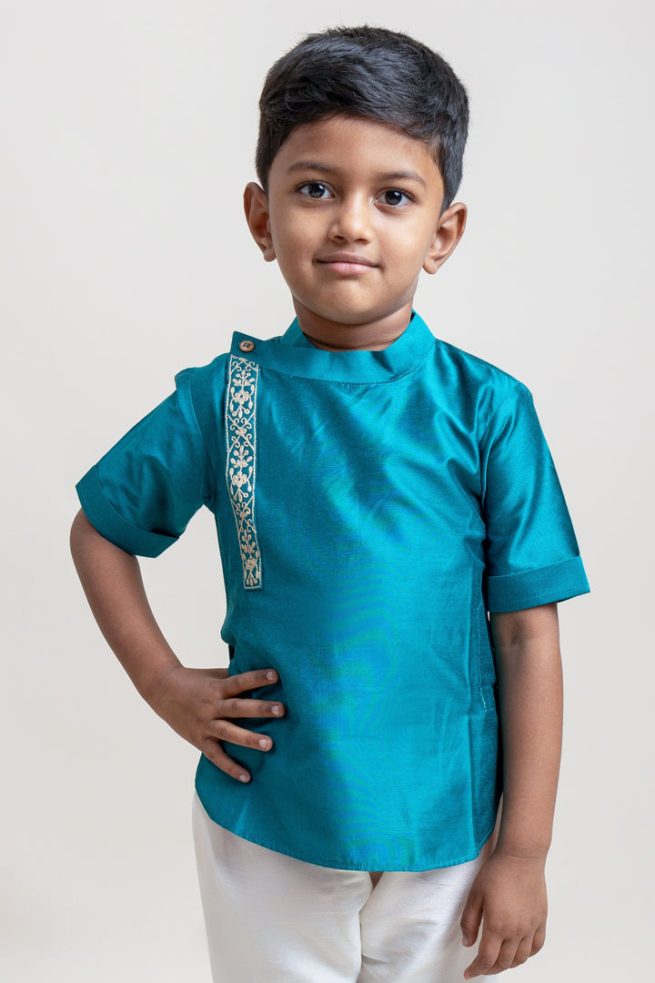 Gorgeous Peacock Blue Soft Cotton Shirt For Little Boys