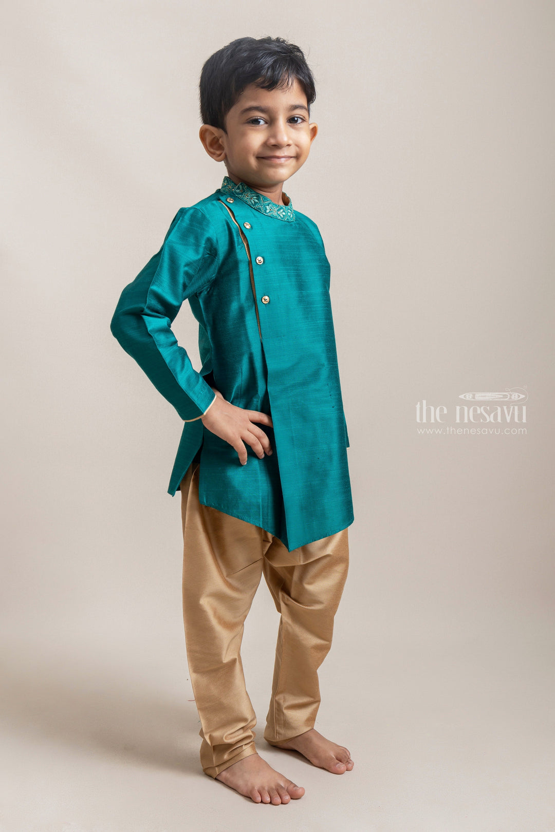 The Nesavu Boys Kurtha Set Gorgeous Peacock Green Floral Embroidered Kurta With Beige Pant For Boys Nesavu 12 (3M) / Green / Dupioni Silk BES315B-12 Ethnic Wear For Boys | Green Kurta Set For Boys | The Nesavu