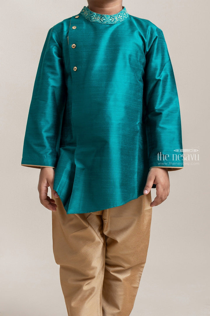 The Nesavu Boys Kurtha Set Gorgeous Peacock Green Floral Embroidered Kurta With Beige Pant For Boys Nesavu Ethnic Wear For Boys | Green Kurta Set For Boys | The Nesavu