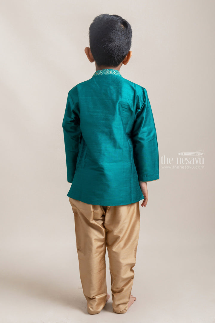 The Nesavu Boys Kurtha Set Gorgeous Peacock Green Floral Embroidered Kurta With Beige Pant For Boys Nesavu Ethnic Wear For Boys | Green Kurta Set For Boys | The Nesavu