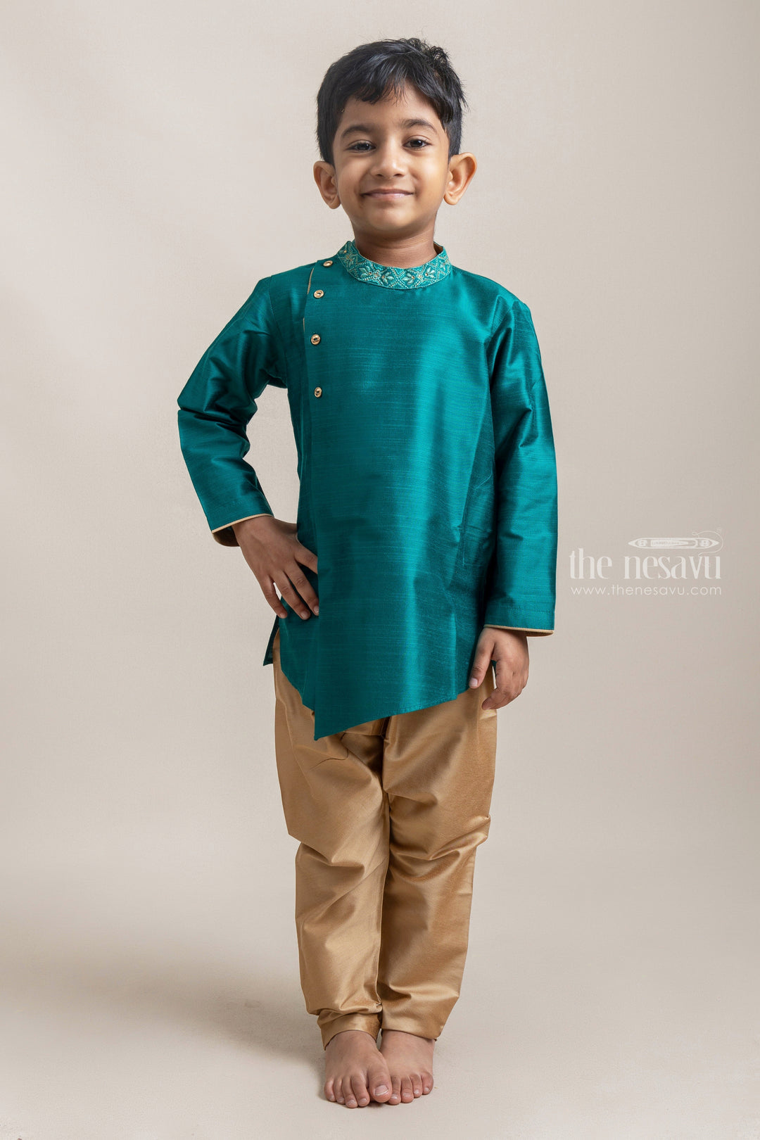 Gorgeous Peacock Green Floral Embroidered Kurta With Beige Pant For Boys