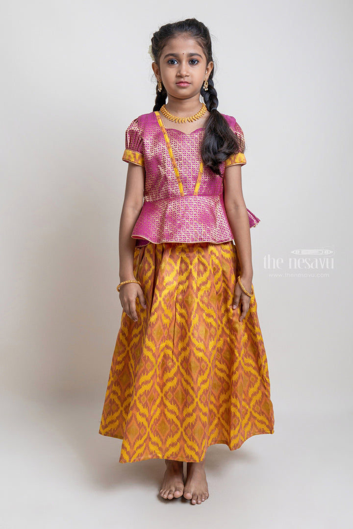 Gorgeous Pink Floral Designed Silk Blouse With Woven Ikat Design Ziz-Zag Pattu Pavadai For Girls