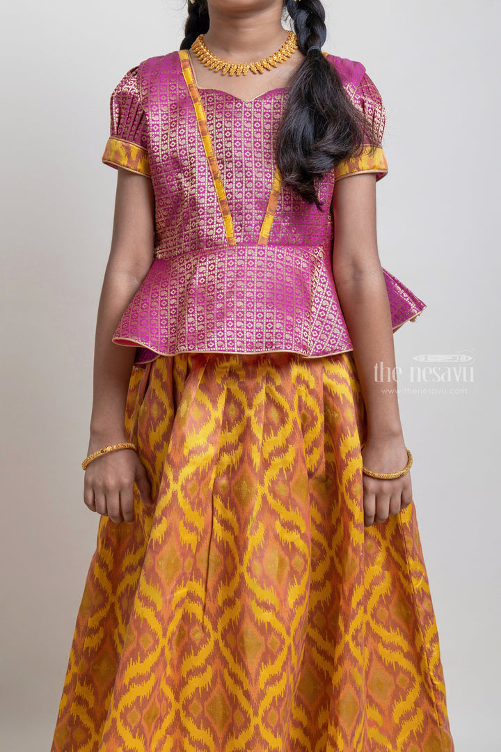 Gorgeous Pink Floral Designed Silk Blouse With Woven Ikat Design Ziz-Zag Pattu Pavadai For Girls