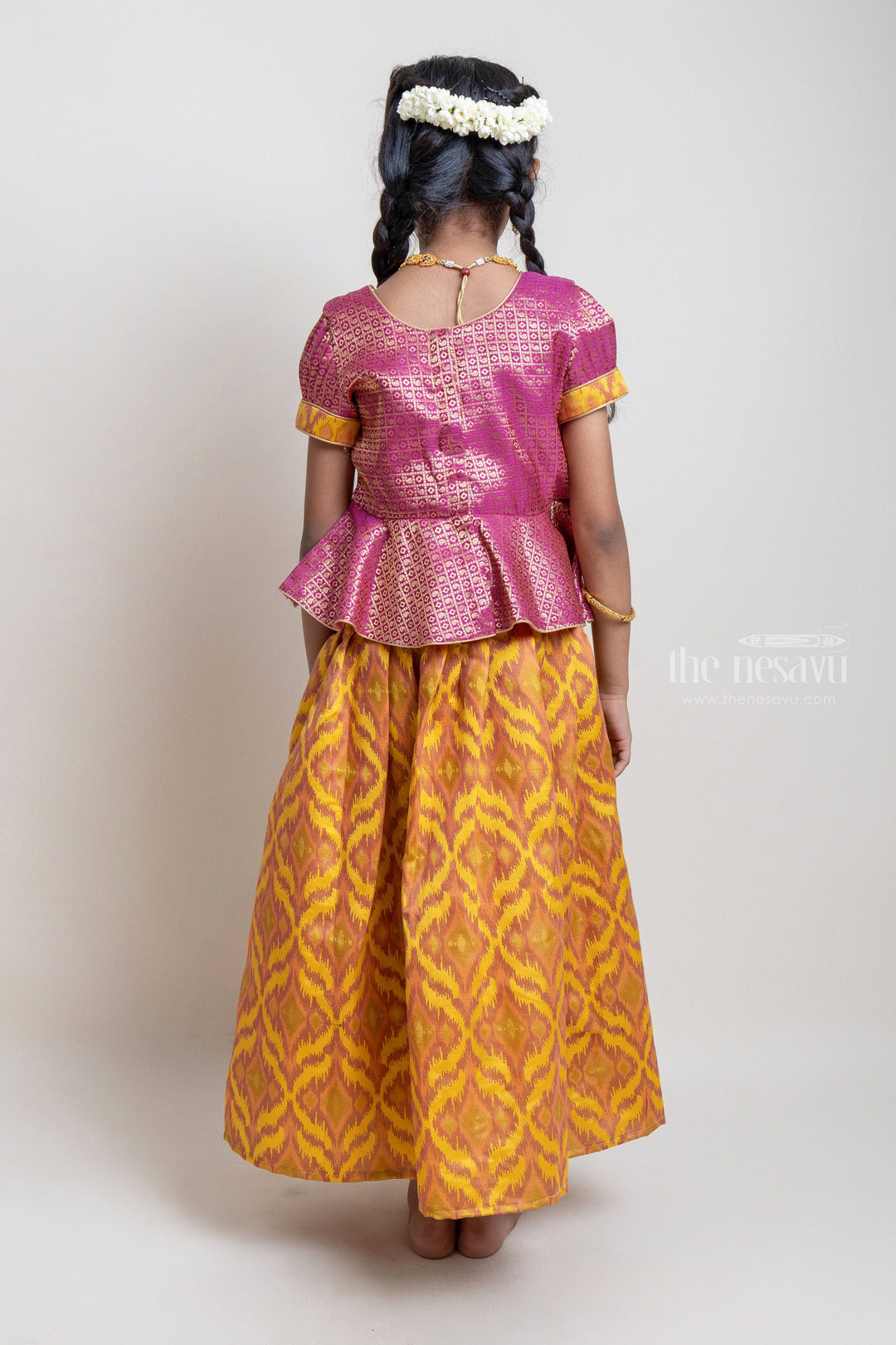 Gorgeous Pink Floral Designed Silk Blouse With Woven Ikat Design Ziz-Zag Pattu Pavadai For Girls