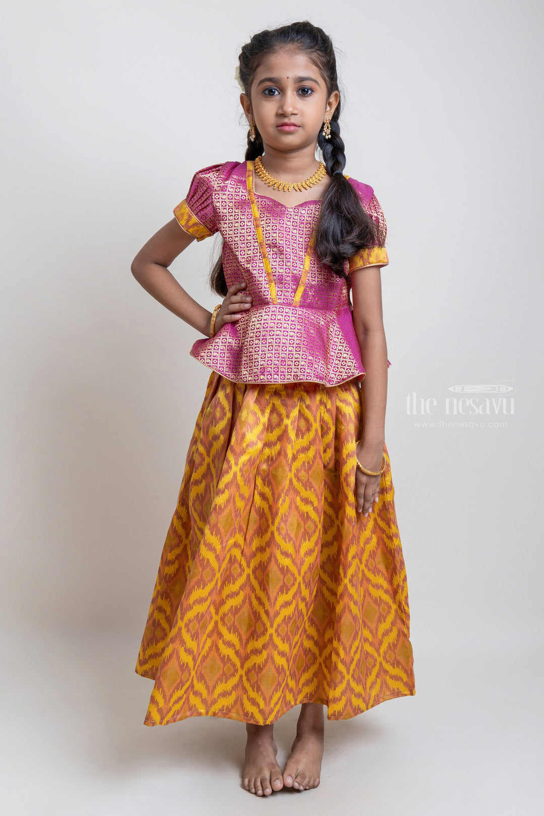 Gorgeous Pink Floral Designed Silk Blouse With Woven Ikat Design Ziz-Zag Pattu Pavadai For Girls