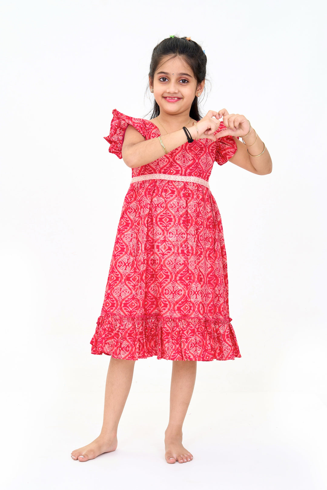 The Nesavu Girls Cotton Frock Gown for Girls Party Wear in Pink with Intricate Patterns and Ruffles Nesavu 16 (1Y) / Pink GFC1580D-16 Nesavu Party Wear Gown Girls Pink Ruffled Hem Intricate Patterns