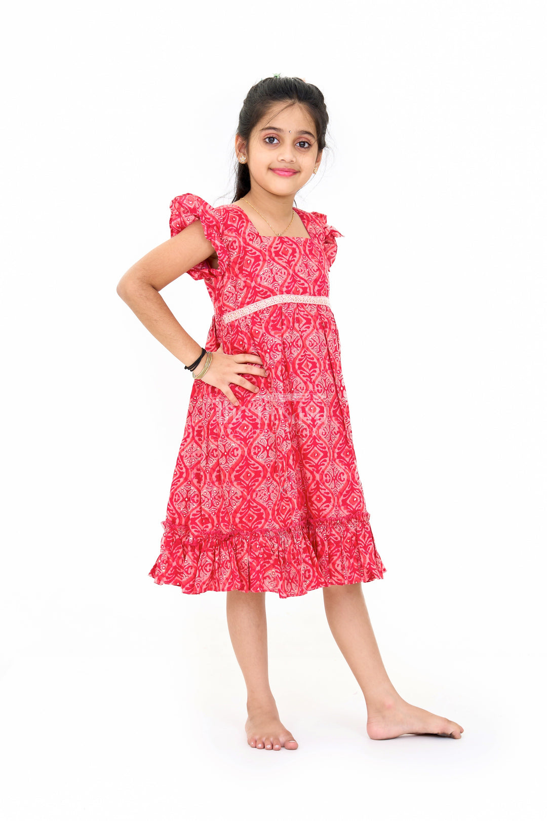 The Nesavu Girls Cotton Frock Gown for Girls Party Wear in Pink with Intricate Patterns and Ruffles Nesavu Party Wear Gown Girls Pink Ruffled Hem Intricate Patterns | The Nesavu