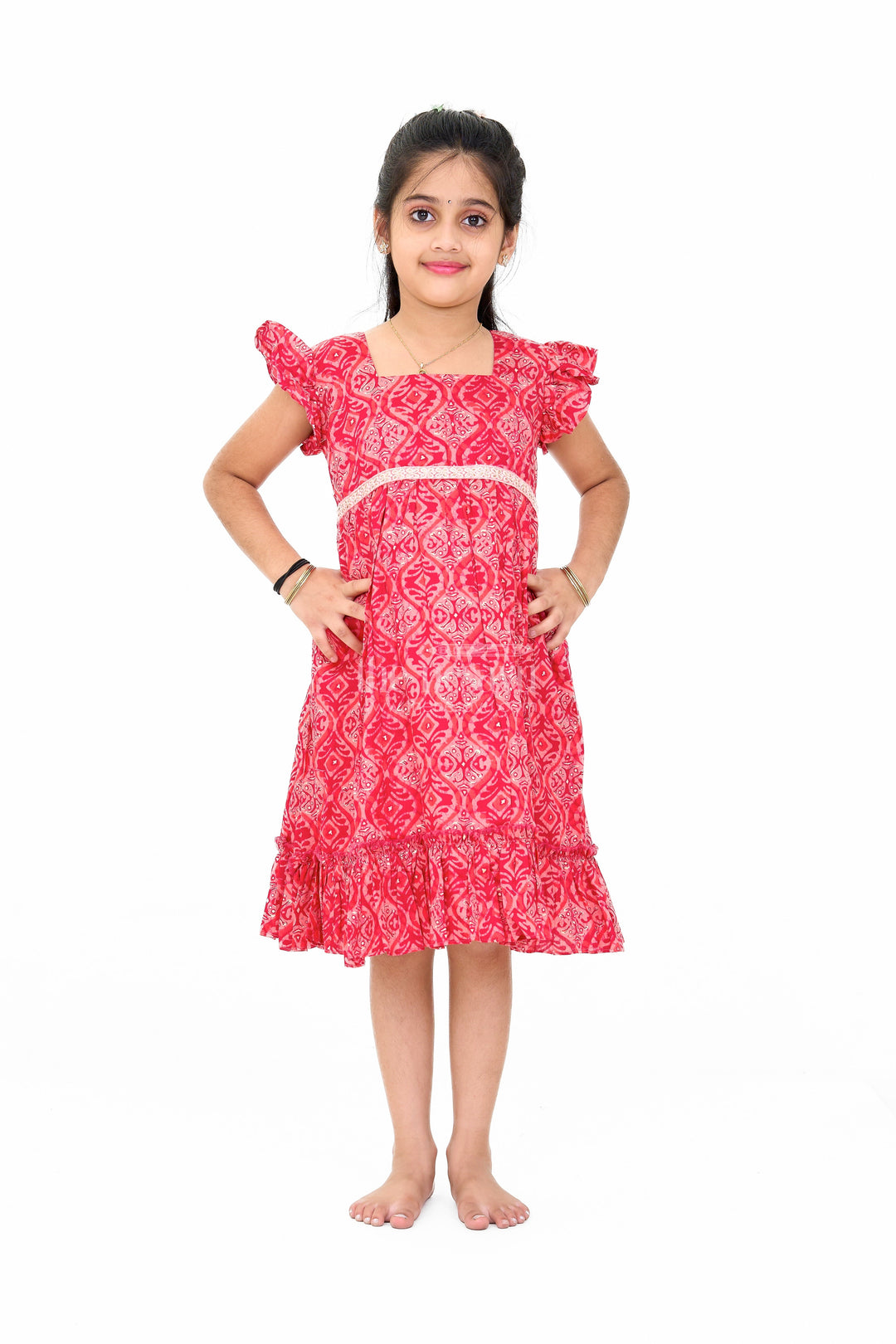 The Nesavu Girls Cotton Frock Gown for Girls Party Wear in Pink with Intricate Patterns and Ruffles Nesavu Party Wear Gown Girls Pink Ruffled Hem Intricate Patterns | The Nesavu