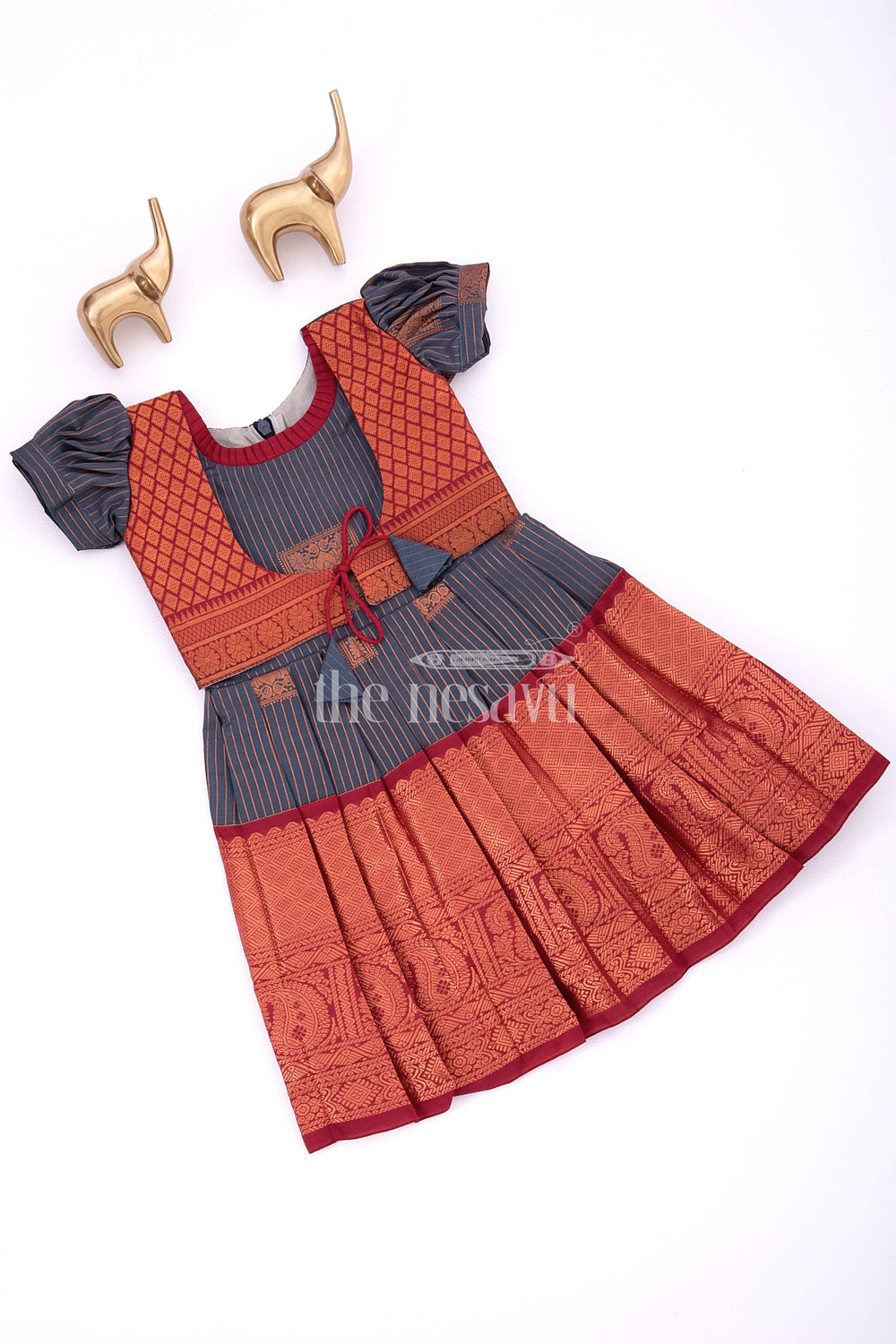 The Nesavu Girls Kanchi Silk Frock Graceful Beginnings in Pure Silk: Blue and Maroon Traditional Frock for Girls Nesavu