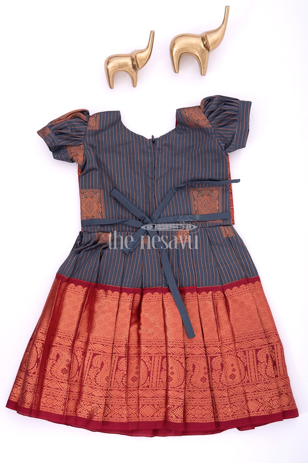 The Nesavu Girls Kanchi Silk Frock Graceful Beginnings in Pure Silk: Blue and Maroon Traditional Frock for Girls Nesavu