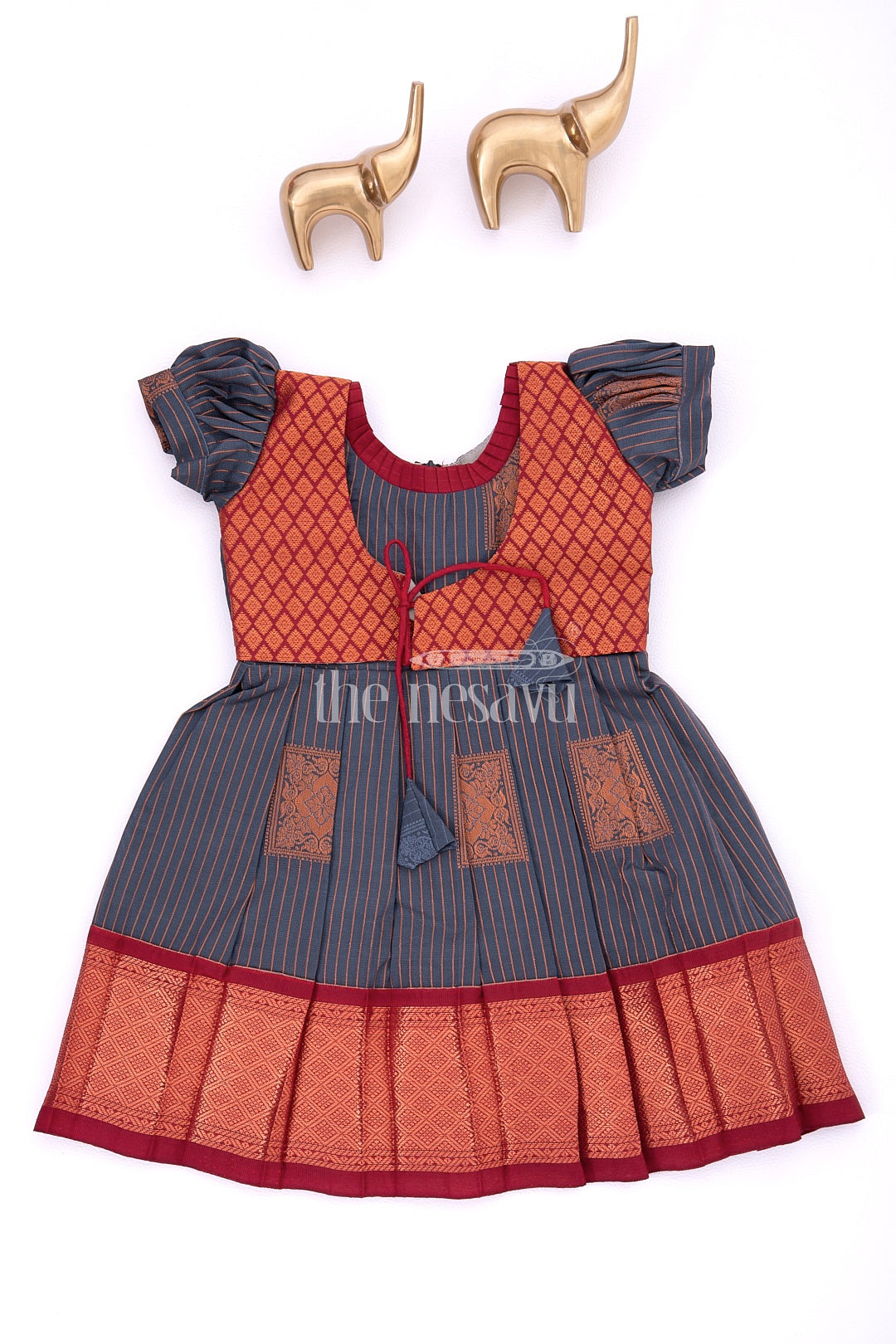 The Nesavu Girls Kanchi Silk Frock Graceful Beginnings in Pure Silk: Blue and Maroon Traditional Frock for Girls Nesavu