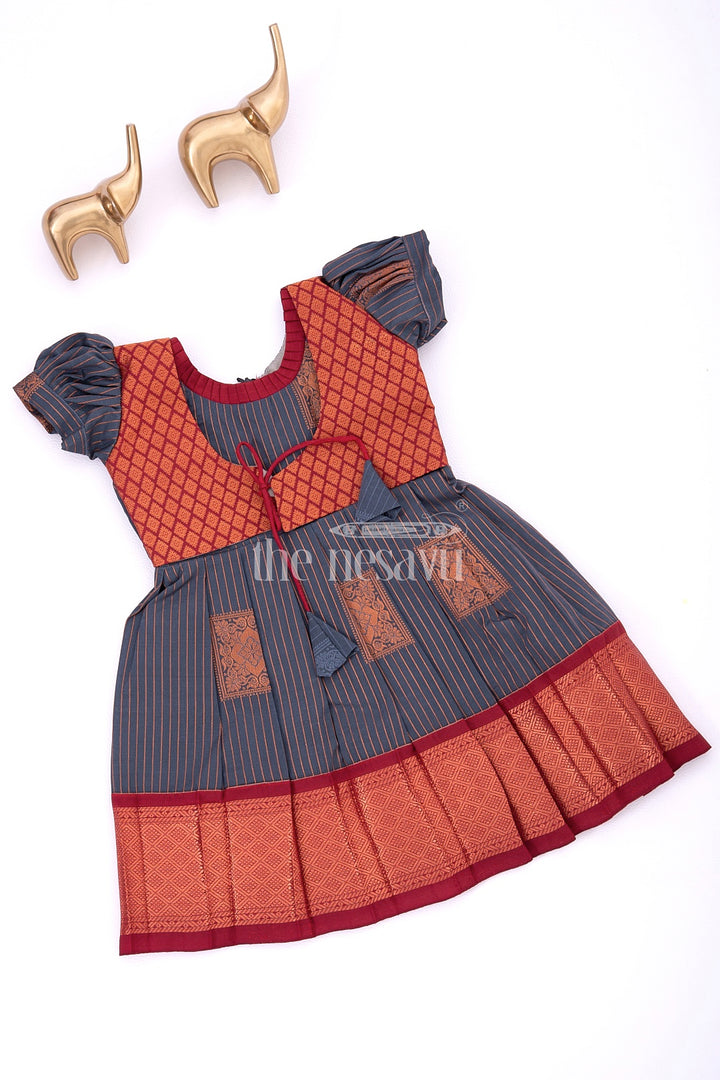 The Nesavu Girls Kanchi Silk Frock Graceful Beginnings in Pure Silk: Blue and Maroon Traditional Frock for Girls Nesavu